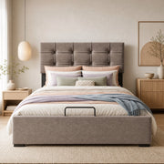 Letto contenitore matrimoniale 140x200 cm in velluto, testiera regolabile, grigio chiaro
