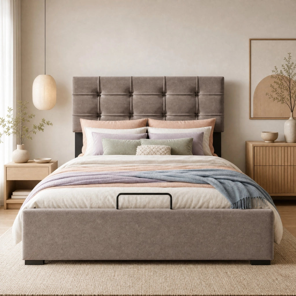 Letto contenitore matrimoniale 140x200 cm in velluto, testiera regolabile, grigio chiaro