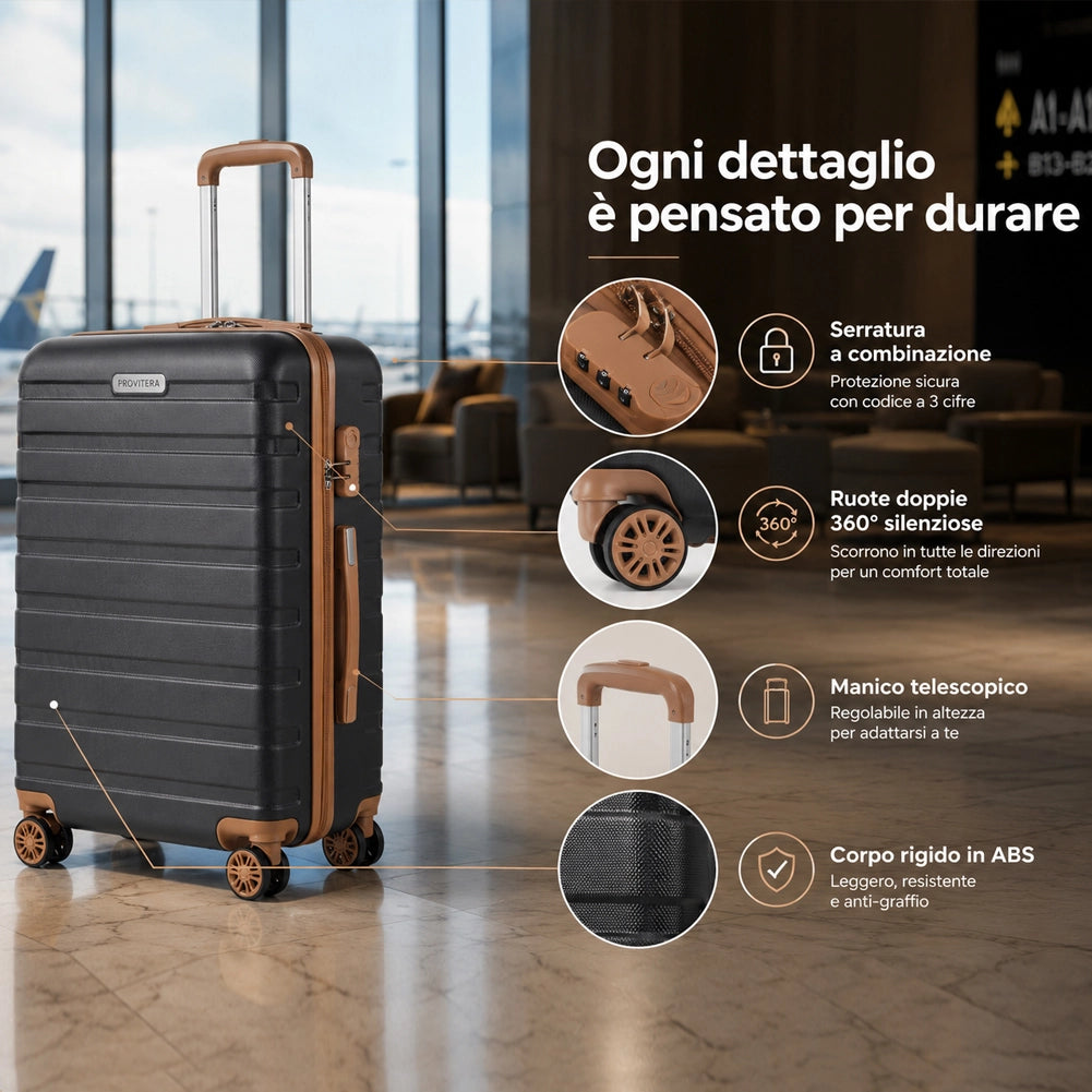 Set 6 Pezzi Valigie Rigide Family in ABS Beauty Case Nero e Marrone 55/66/75cm