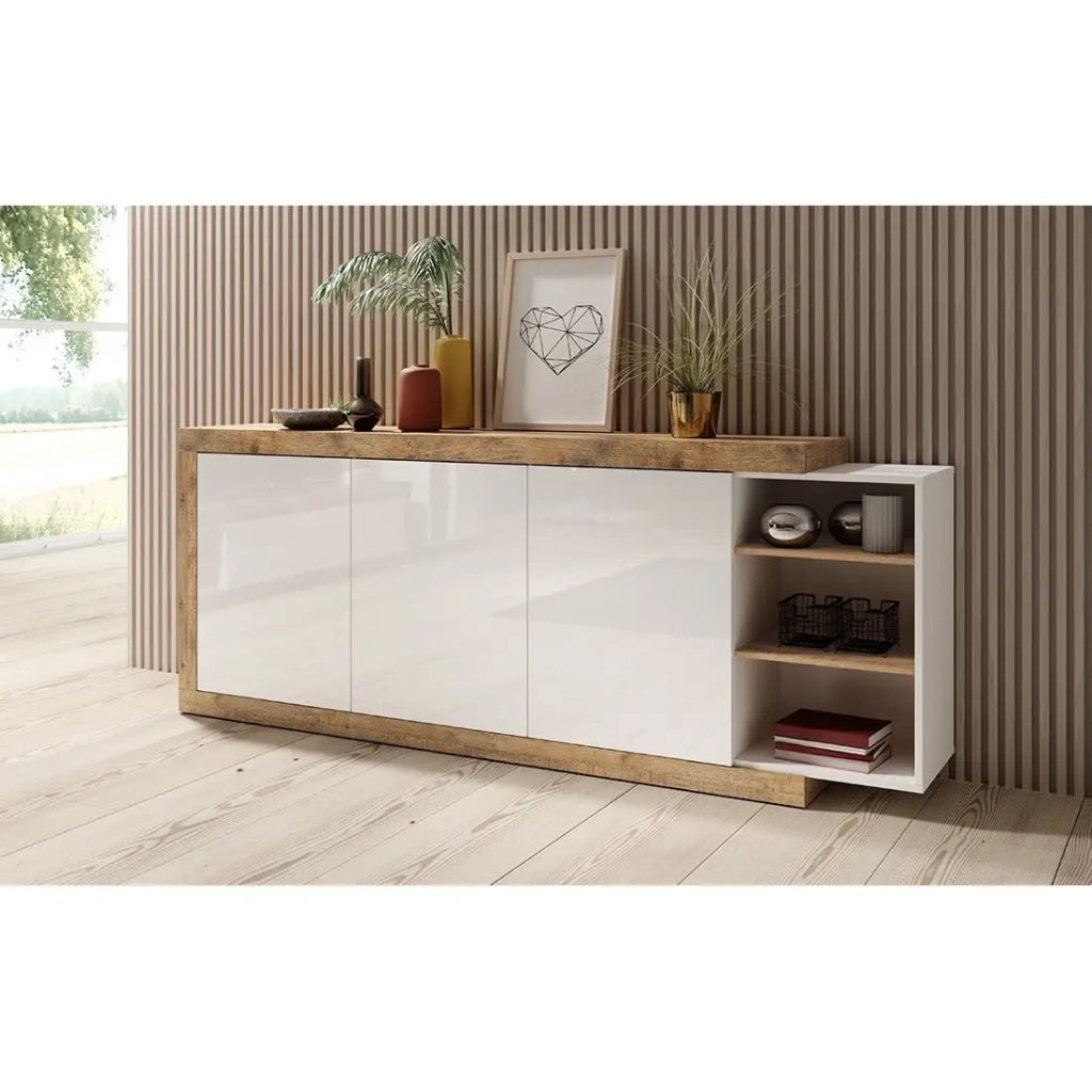 Buffet XL 220cm colori rovere e bianco lucido con numerosi vani contenitivi collezione SINATRA.