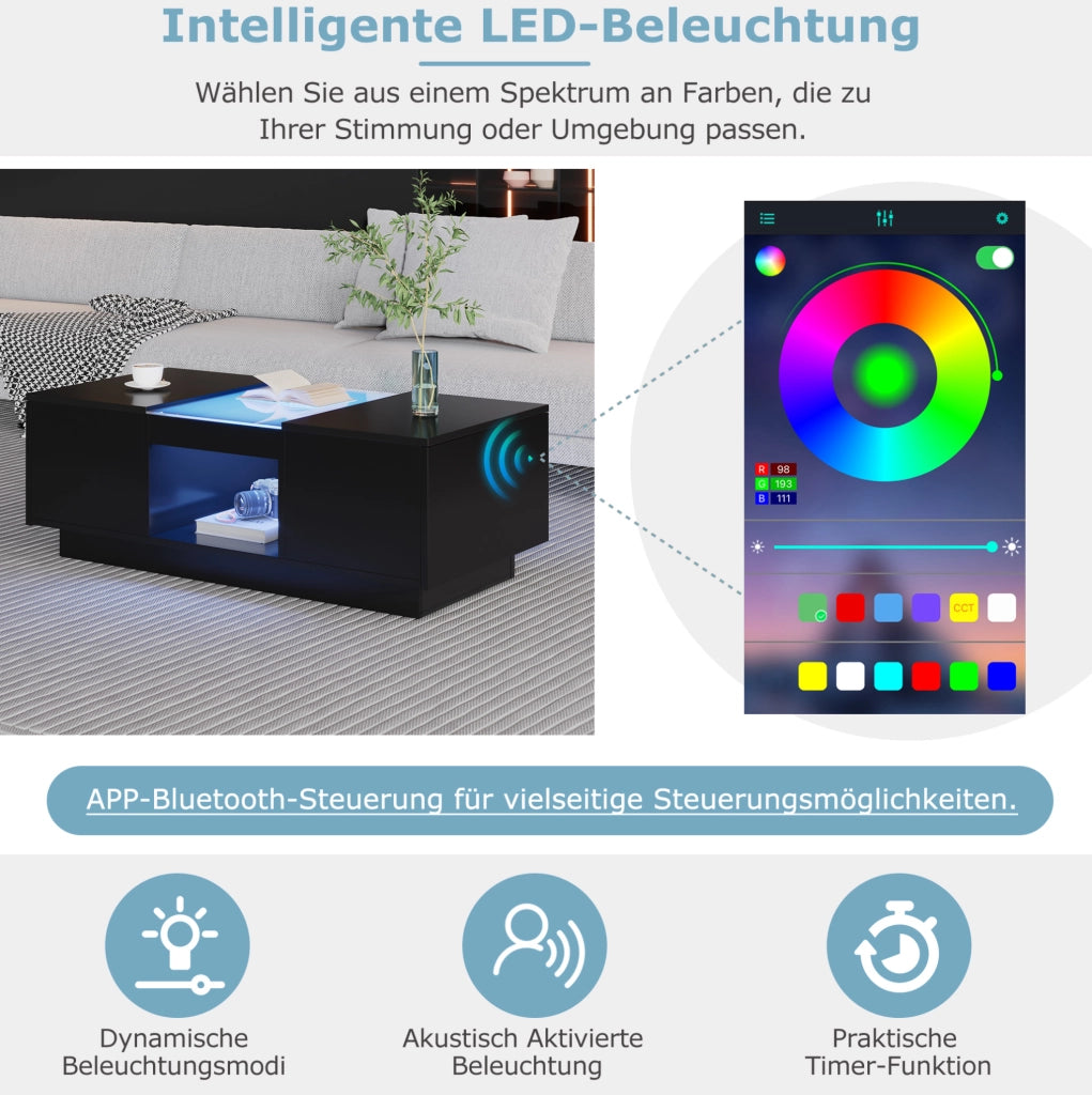 Tavolino da caffè con LED e controllo APP 100 x 50 x 35;5 cm; nero; in truciolare e vetro