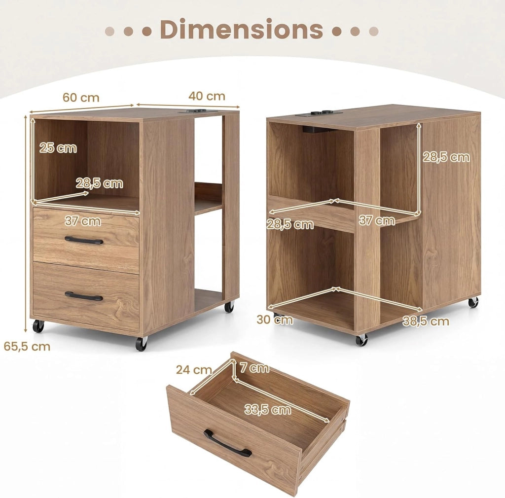 Tavolino Laterale Mobile con Stazione di Ricarica, Comodino con Cassetti, Ripiani e Ruote Bloccabili, Tavolino Moderno per Camera da Letto, Ufficio e Soggiorno, 60 x 40 x 65,5 cm (Naturale)