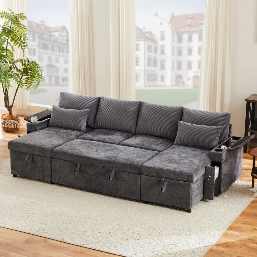 Divano letto modulare a U; 4 posti; con contenitore e portabicchieri; 272 x 131 x 84 cm; grigio