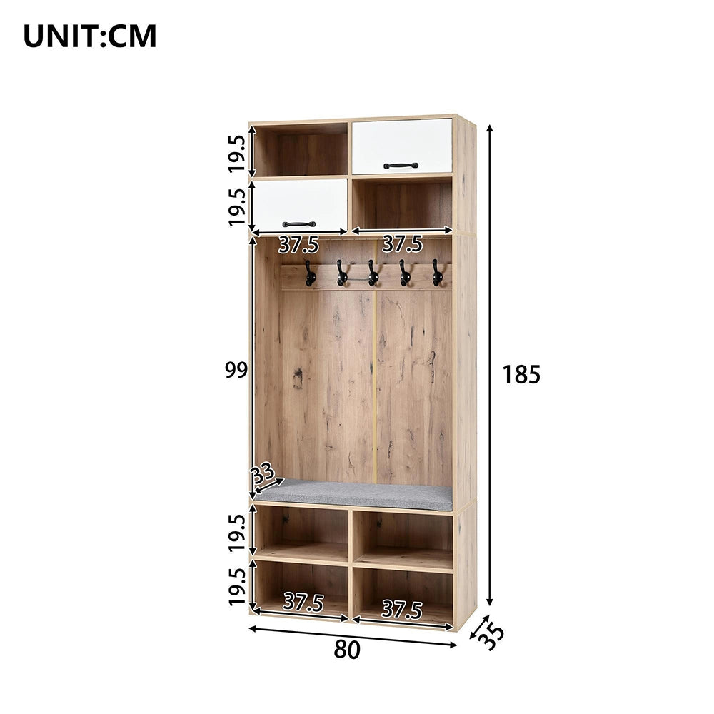 Set vestiario completo con panchina - Xylo - 5 ganci, 2 ante, 6 ripiani aperti, 80x185x35 cm, naturale e bianco