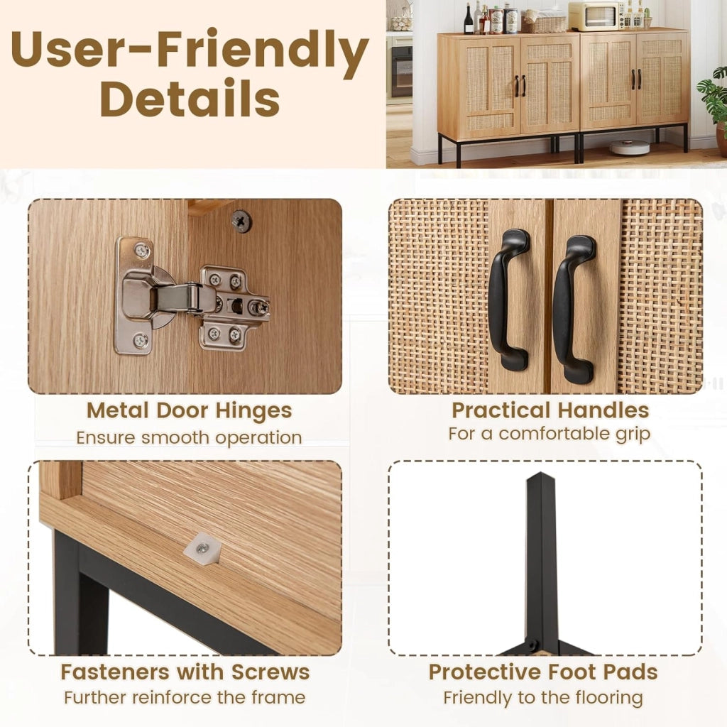 Credenza a buffet da cucina con 2 ante decorate in rattan, mensola regolabile in 3 posizioni, kit antiribaltamento, 80 x 38 x 81 cm, mobile per sala da pranzo, soggiorno (naturale)