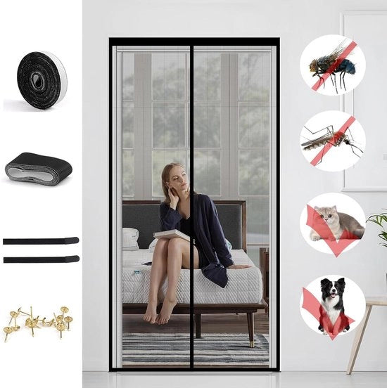 Sistema di protezione dalle zanzare magnetico 90x210 cm per porta finestra - porte zanzare - robusto vetro fibroso - cinturino di gomma - forti magneti - cornice nera