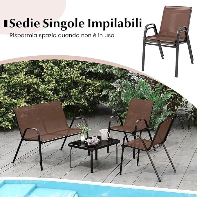 Set Tavolo e Poltrona da Giardino, Set di Mobili 4 Pezzi per Esterno, con Tavolino in Vetro Temperato, Panca e 2 Poltrone, per Giardino Balcone Piscina (Marrone)
