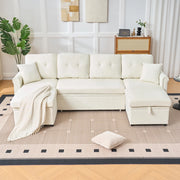 Divano panoramico a U con funzione letto e contenitore doppio tasca laterale cuscini in chenille beige
