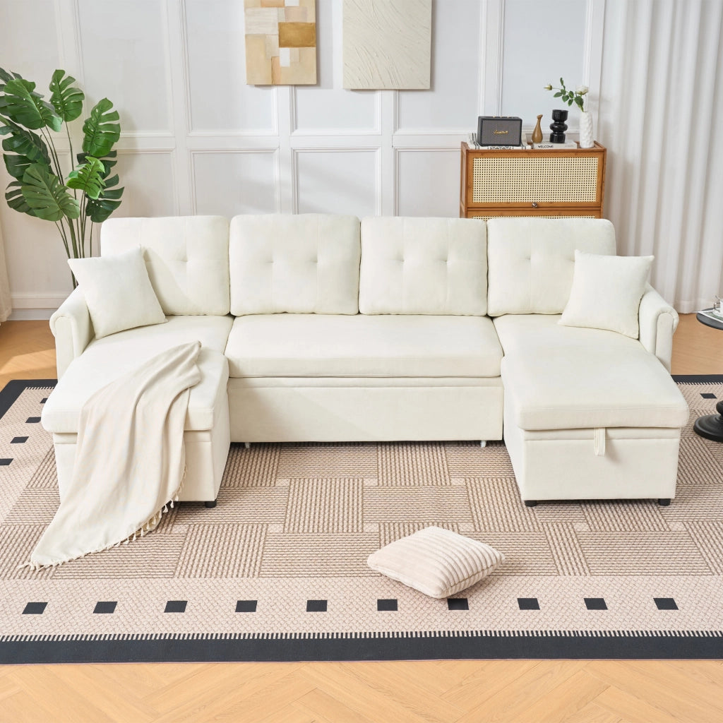 Divano panoramico a U con funzione letto e contenitore doppio tasca laterale cuscini in chenille beige
