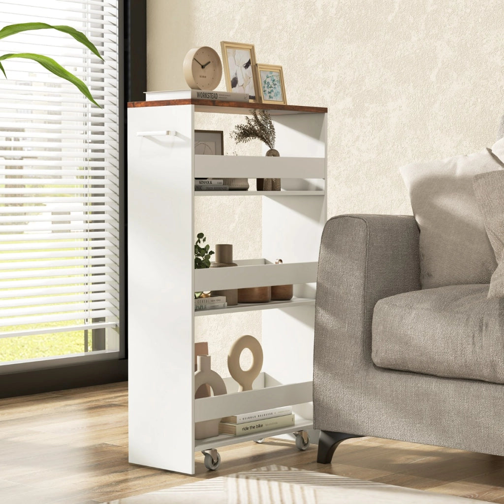 Carrello sottile da 20cm con ruote e ripiani aperti-Carrello utilitario estraibile da cucina a 4 ripiani Bianco