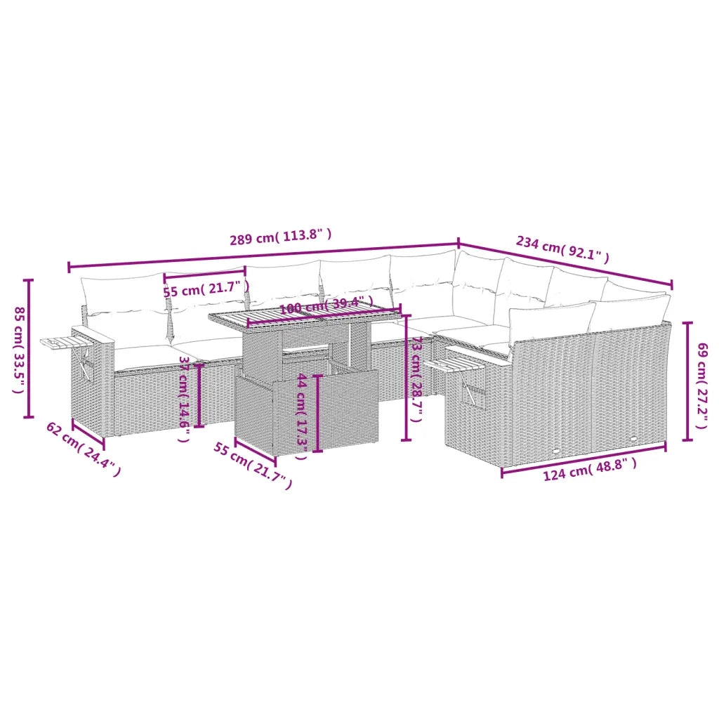 Set Divani da Giardino 10pz con Cuscini in Polyrattan Nerocod mxl 114384