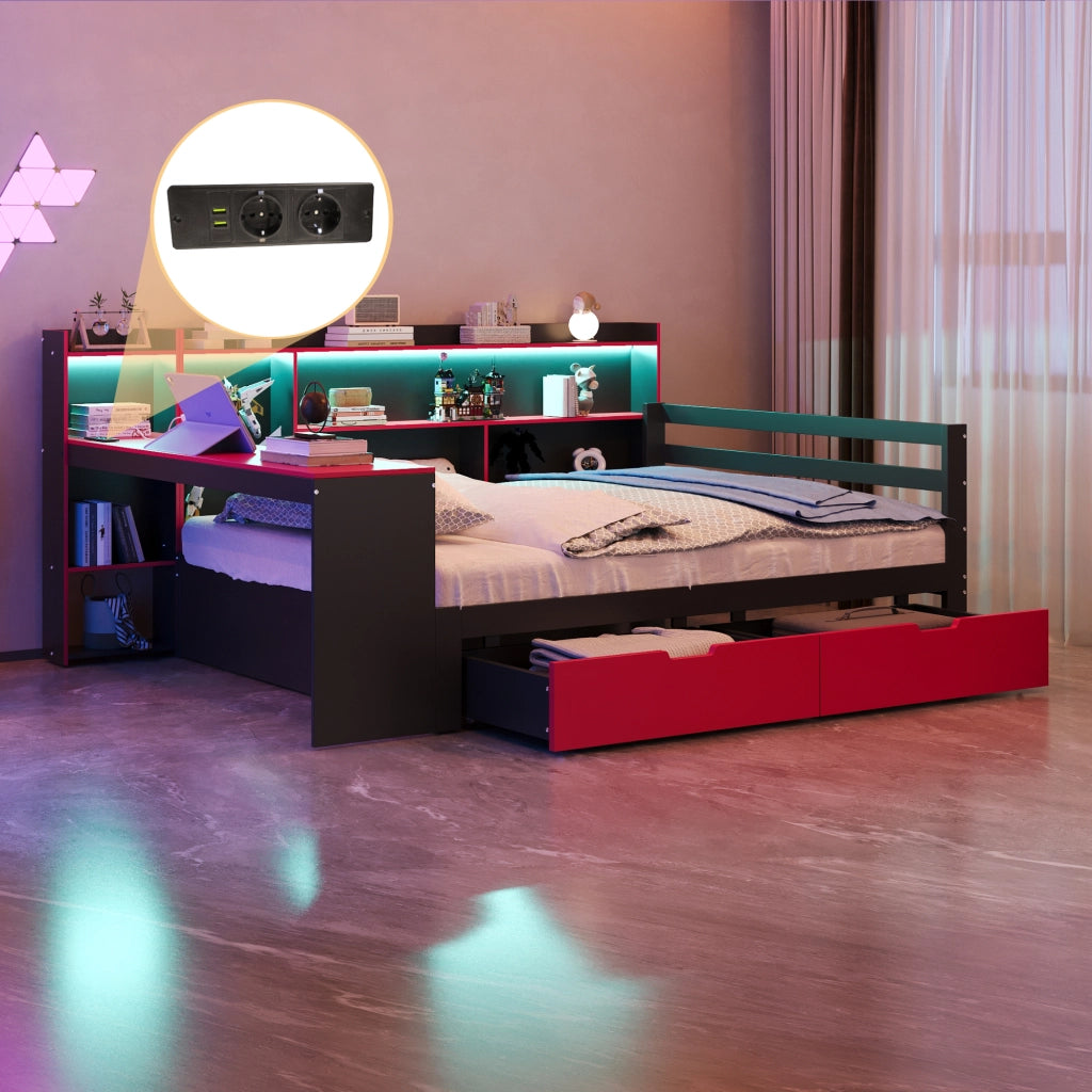 OKWISH Letto Combinato 140×200 cm, Letto Matrimoniale con Scrivania, Libreria, Mensole, LED, USB, 2 Cassetti, senza Materasso, Nero e Rosso