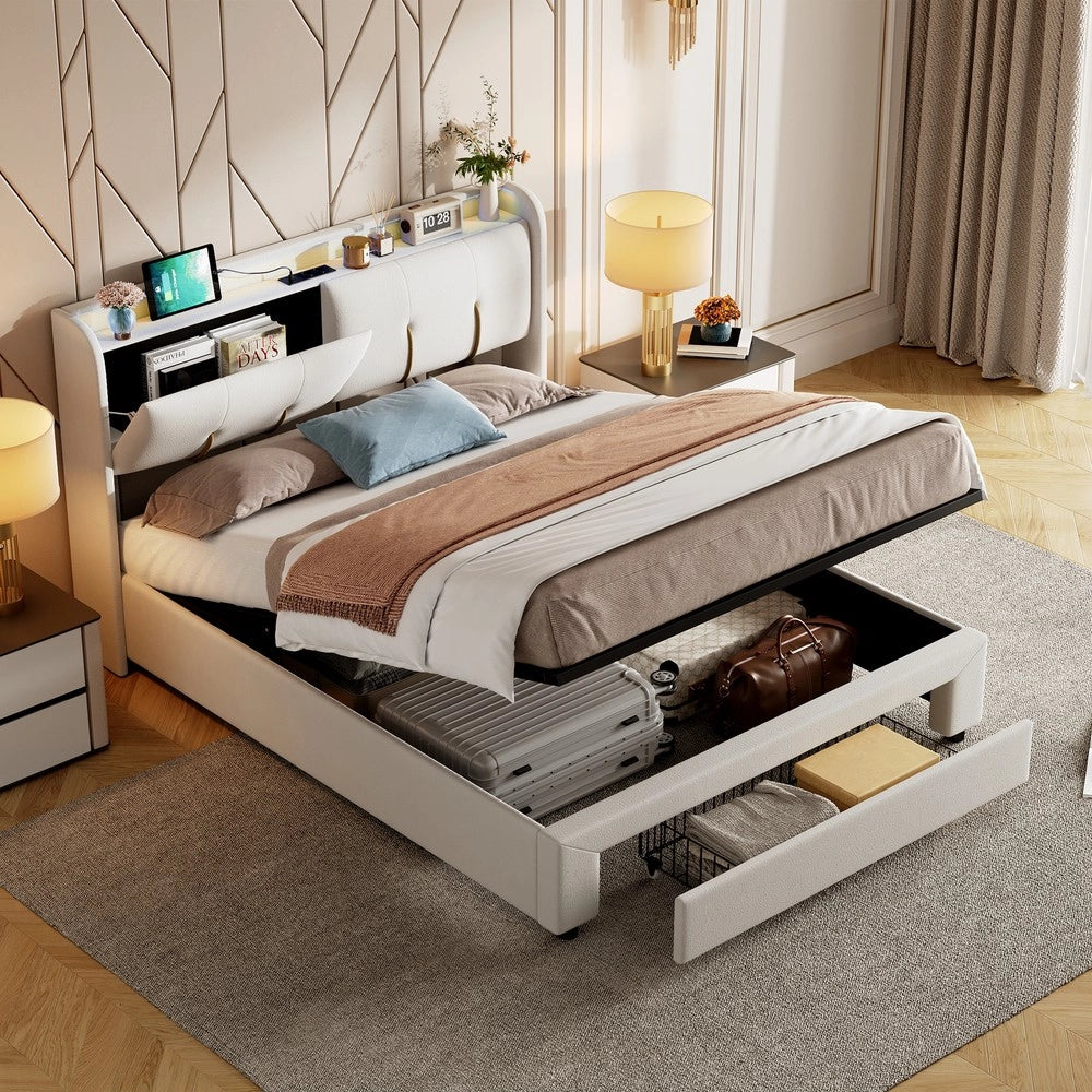 Letto contenitore matrimoniale con LED ¨C Minimal ¨C velluto beige 160x200cm