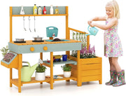 Cucina da Esterno in Legno per Bambini, Cucina da Gioco con Cassettiera per Piante, Lavandino Rimovibile, Rubinetto, Fornelli e Accessori, per Bambini 3-8 Anni (Verde Chiaro + Giallo)