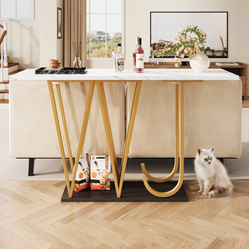 Consolle con vano aperto e piano in effetto marmo, per ingresso e soggiorno, in MDF e metallo bianco, 120 × 29,5 × 80 cm