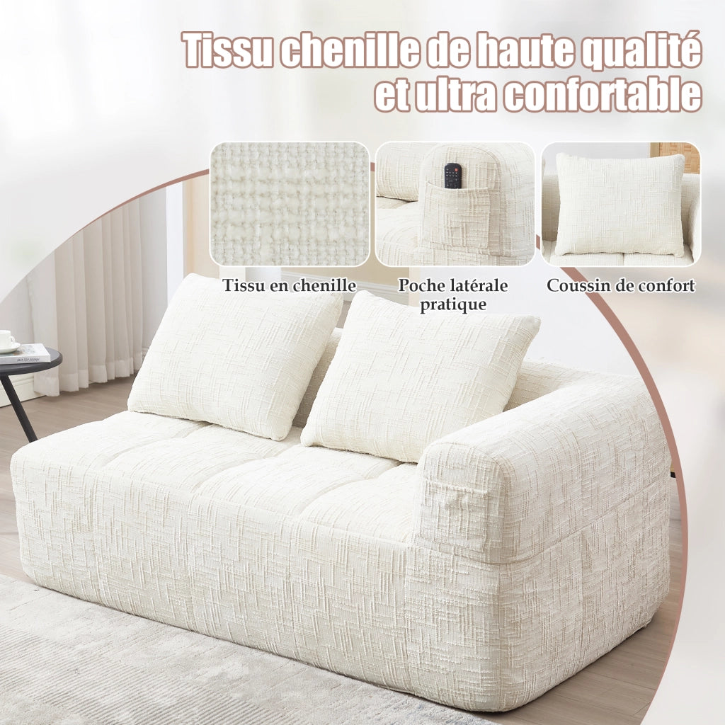 Divano Dritto 2 Posti con Chaise Longue; senza Montaggio; con Cuscino e Tasche Laterali; Comfort Nuvola in Ciniglia Beige