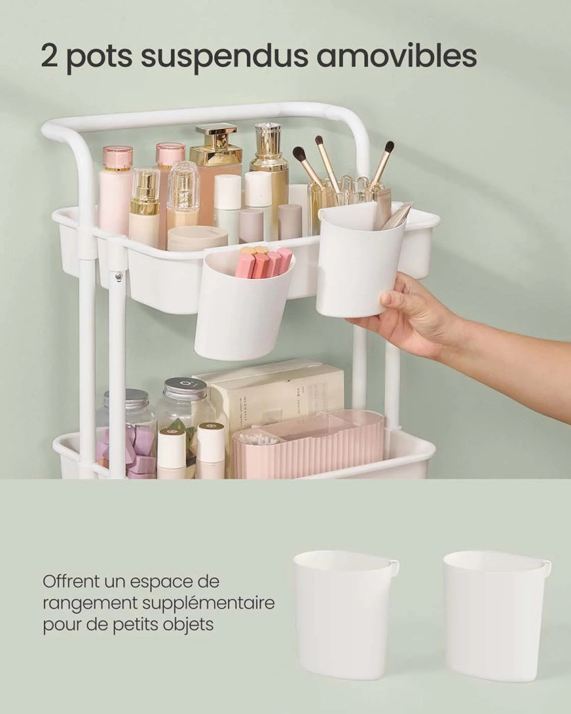 Carrello di servizio mobile a 3 livelli con ruote ripiano portaoggetti con maniglia 2 pentole 2 freni cestini in plastica facile da montare per camera da letto cucina bianco 12_0007856