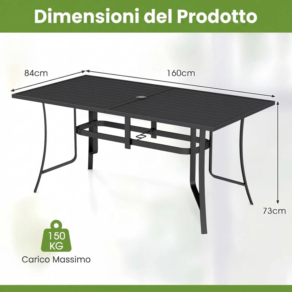 Tavolo da Giardino a 6 Posti in Metallo, Tavolo Esterno con Fori di Ombrellone, 160 x 84 x 73 cm, per Balcone, Terrazzo, Campeggio, Pranzo, Rettangolare, Resistente, Portata 150 kg