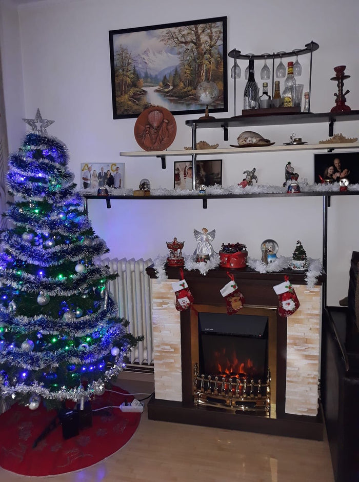 Camino Elettrico da Pavimento 90,3x98x30 cm Effetto Fiamma 2000W Rock & Galileo Gold Noce