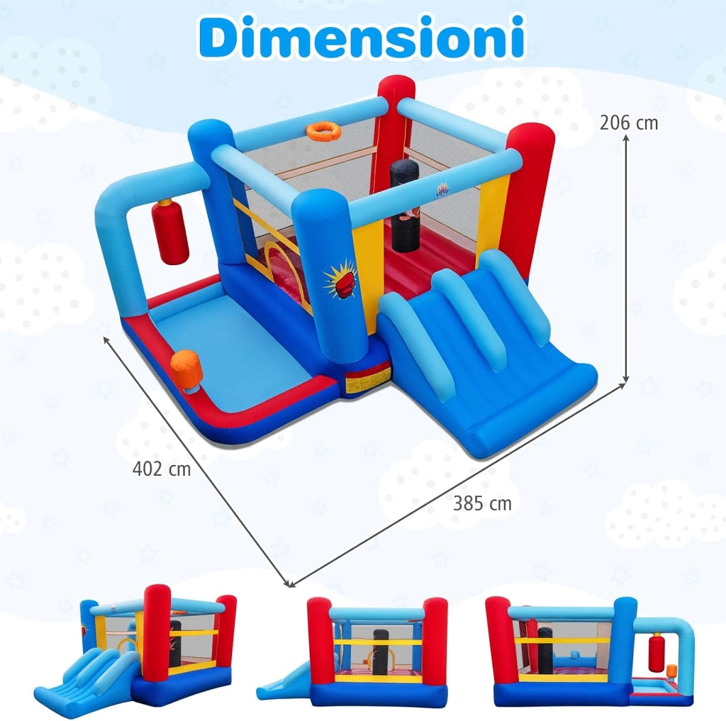 Castello Gonfiabile per Bambini con Soffiatore 550W, Casa Gonfiabile con Palo da Boxe, Trampolino, Doppio Scivolo, Piscina di Palline e Canestro da Basket, per Bambini 3-12 Anni