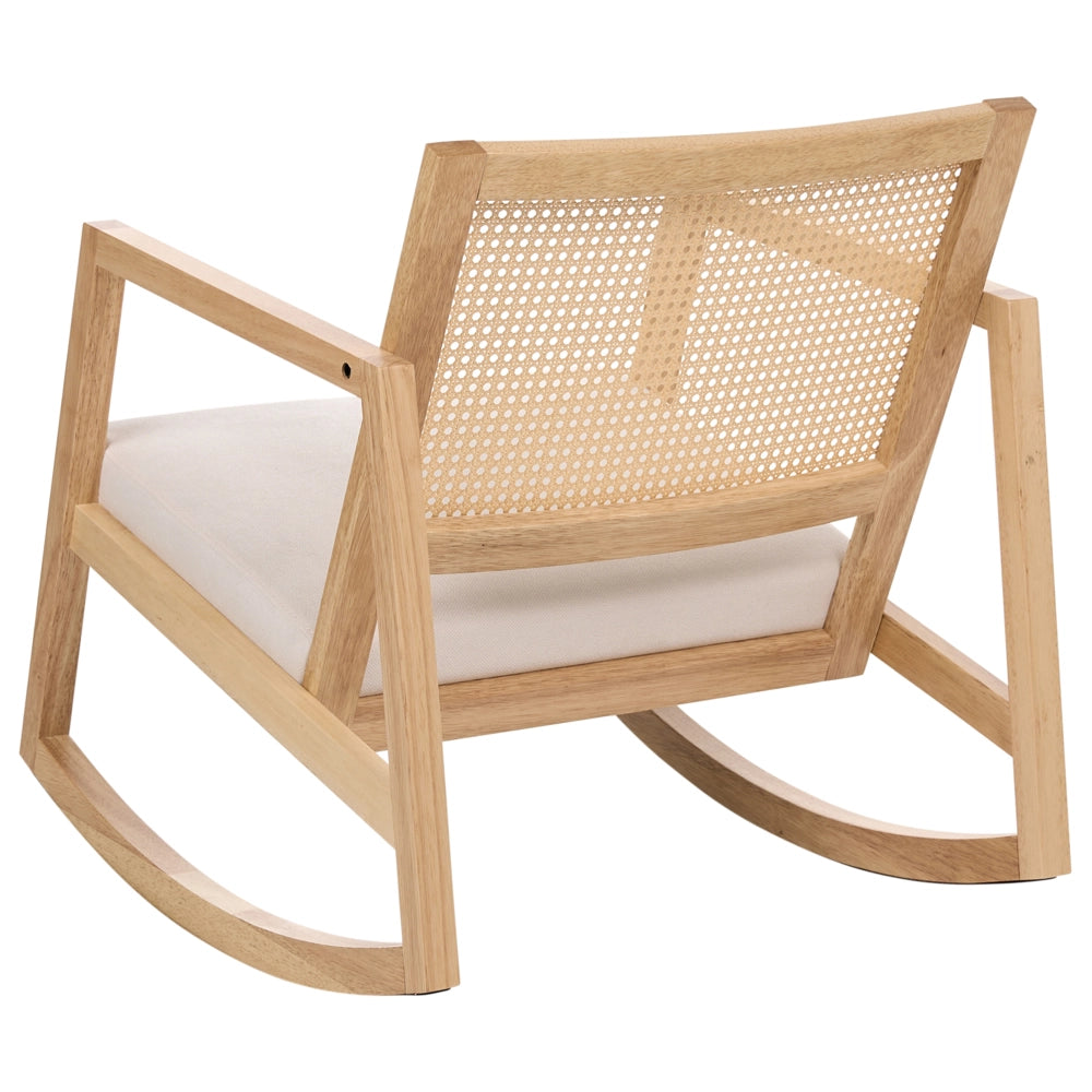 Poltrona a dondolo con rivestimento in tessuto marrone chiaro e beige chiaro schienale intrecciato struttura in legno per salotto e camera da letto