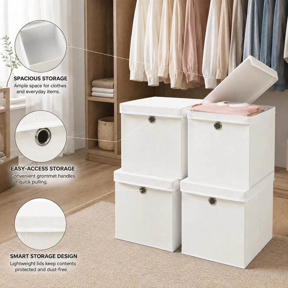 Storage Boxes With Lids, 4 Pieces, White, 32x32x32 Cm, Fabric