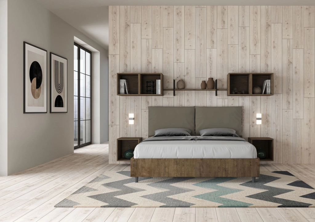 BS COM Letto matrimoniale contenitore 160x190 Noce cuscini similpelle cappuccino