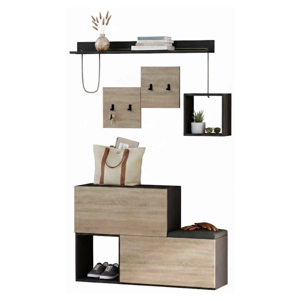 Mobile da ingresso Libeccio, Entratina appendiabiti, Composizione per atrio, Consolle portaoggetti multifunzione, 120x17h76 cm, Antracite e Rovere