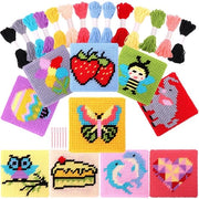 Kit di crocchia per principianti 10 in 1 per bambini, compreso un manuale di istruzioni per 10 diversi disegni, 10 reti di canapa bianche per lavori manuali e 14 fili colorati, set di punte per iniziare a cucire