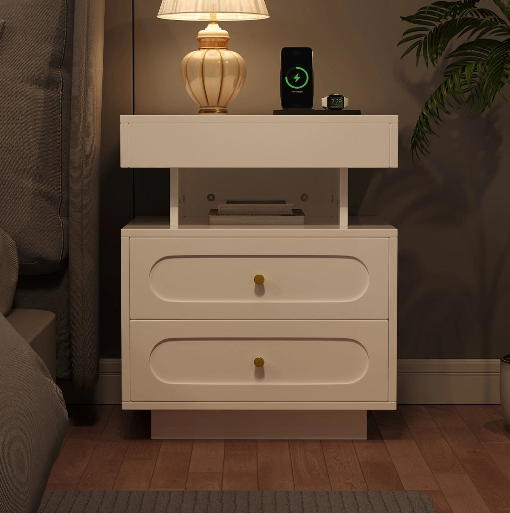 Comodino bianco con LED, 2 cassetti e vano aperto, 50x40x60 cm