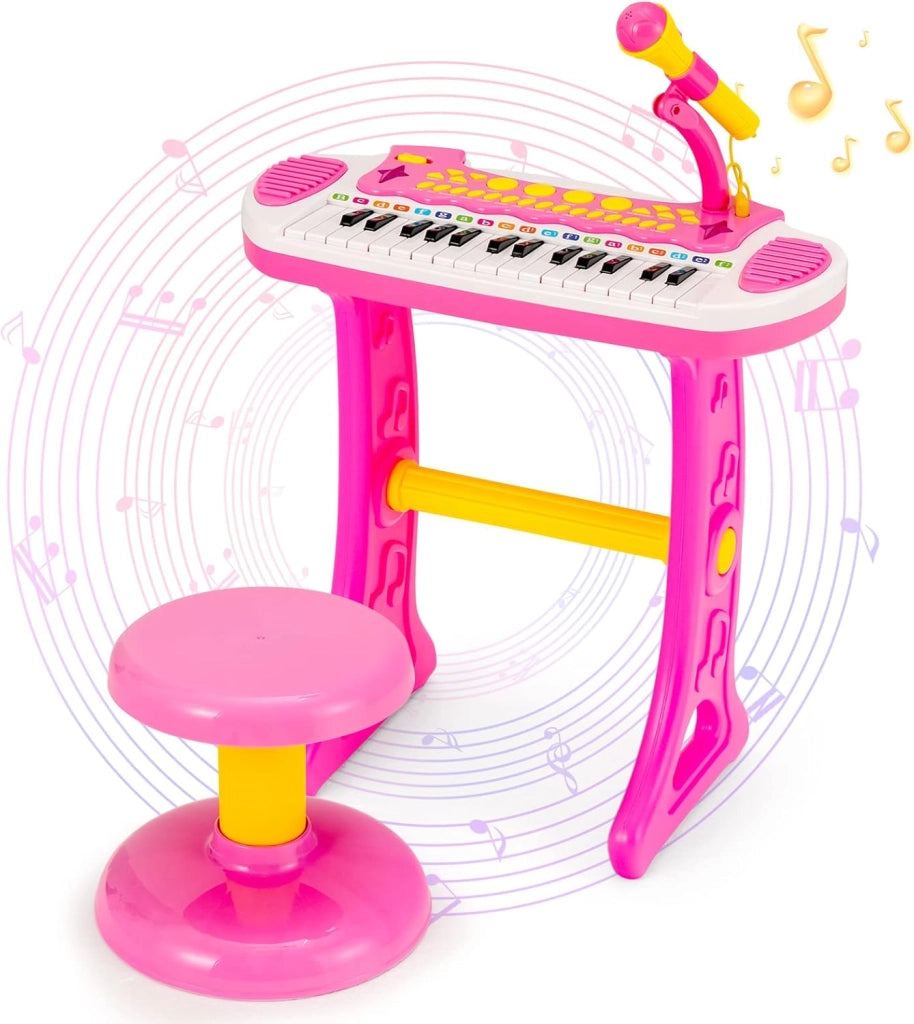 Pianola Bambini Musicale Tastiera, Tastiera Digitale a 31 Tasti, Mini Tastiera per Bambini con Effetti Luminosi e Microfono, Strumenti Musicali con Sgabello, 22 Battiti/8 Toni/7 Ritmi (Rosa)