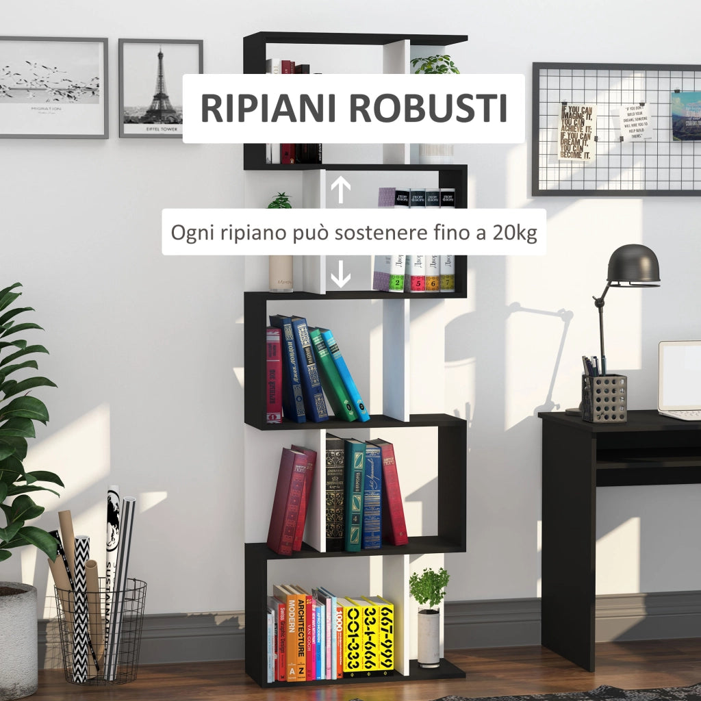 Mobile Libreria in Legno a 5 Ripiani con Divisorio, 60x24x184.5 cm, Bianco e Nero