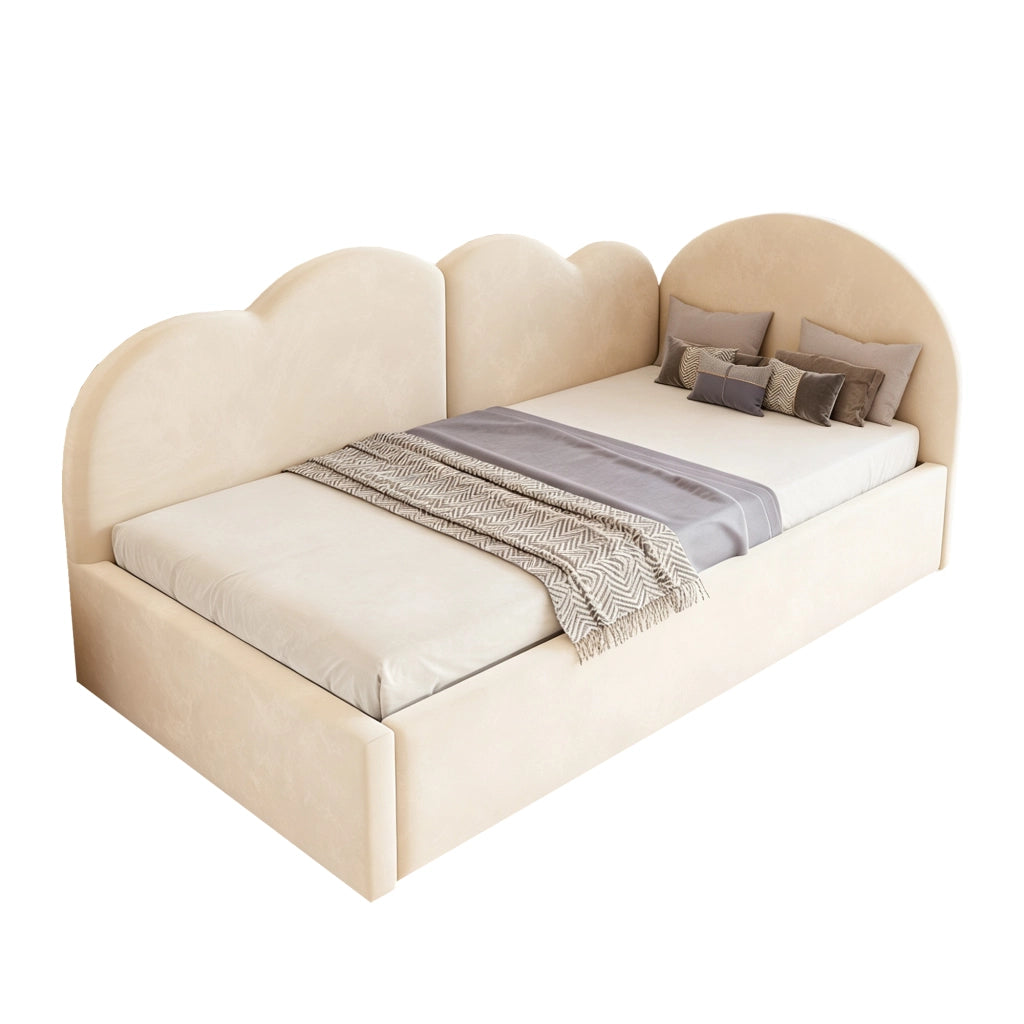 Letto a Divanetto 90x200 cm e 180x200 cm; Estraibile; Testiera a Nuvola in Velluto Beige