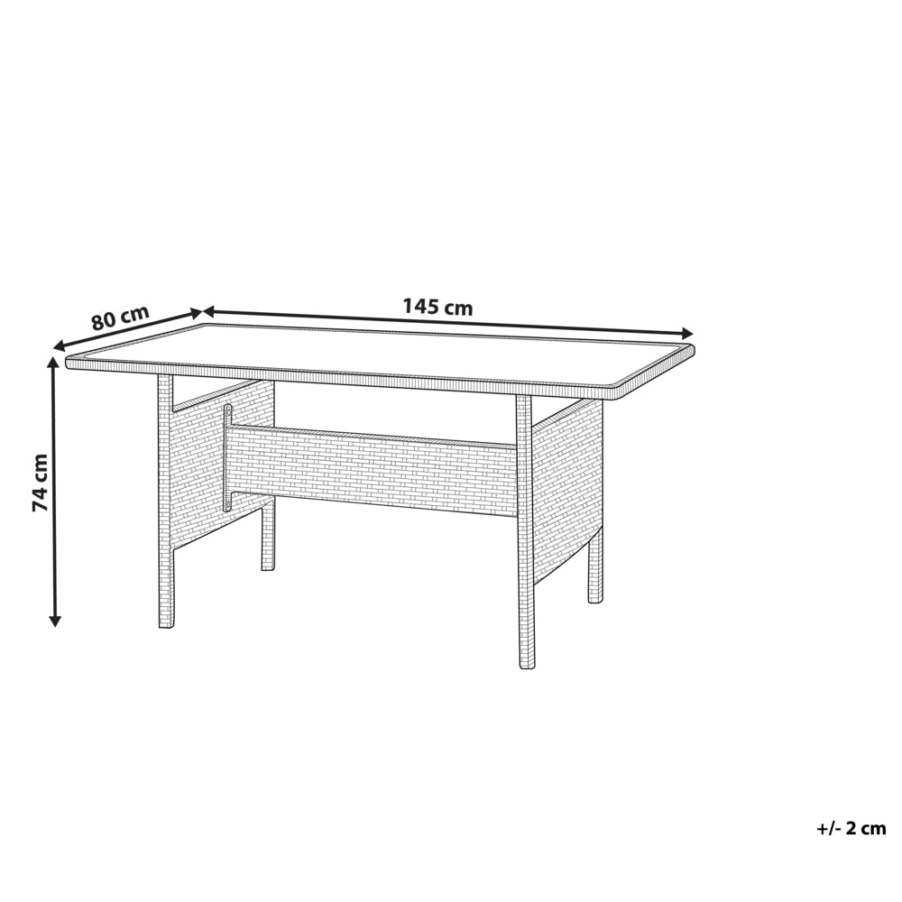 Tavolo da pranzo in vimini grigio per esterni, 145 x 80 cm piano rettangolare in vetro temperato 4 posti a sedere