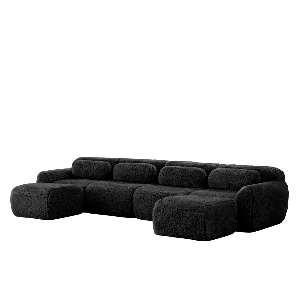Divano Modulare a U con Configurazione Libera, Senza Montaggio, Base Antiscivolo e Cuscini, in Peluche Nero