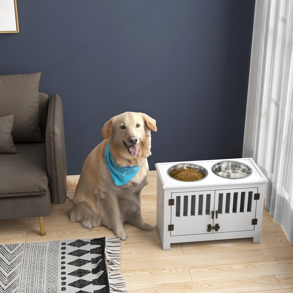 Stazione di alimentazione rialzata per cani di taglia grande con 2 ciotole in acciaio inossidabile e vano di stivaggio ¨C Minimal ¨C Bianco 35.5x60x30 cm