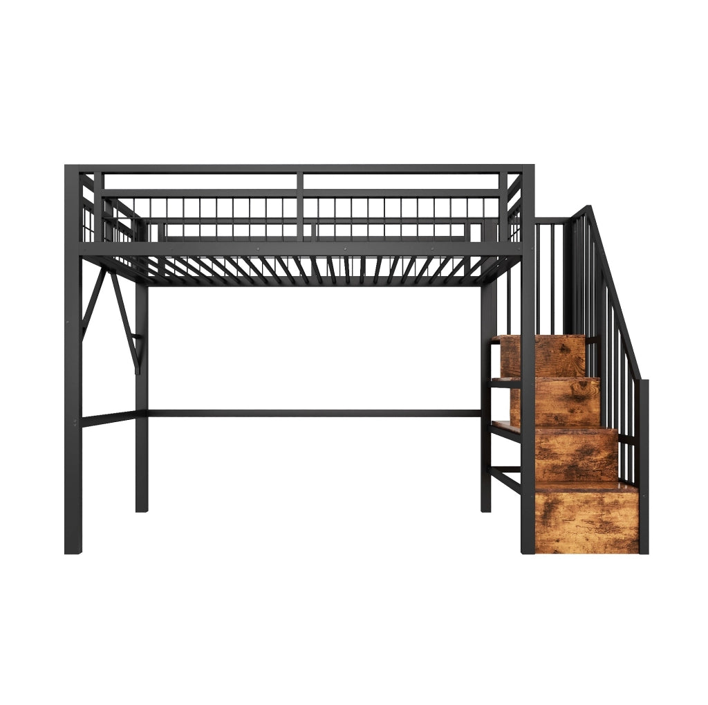 Letto a soppalco 90x200 cm in metallo e MDF con LED controllabile da app e scale con contenitore; nero