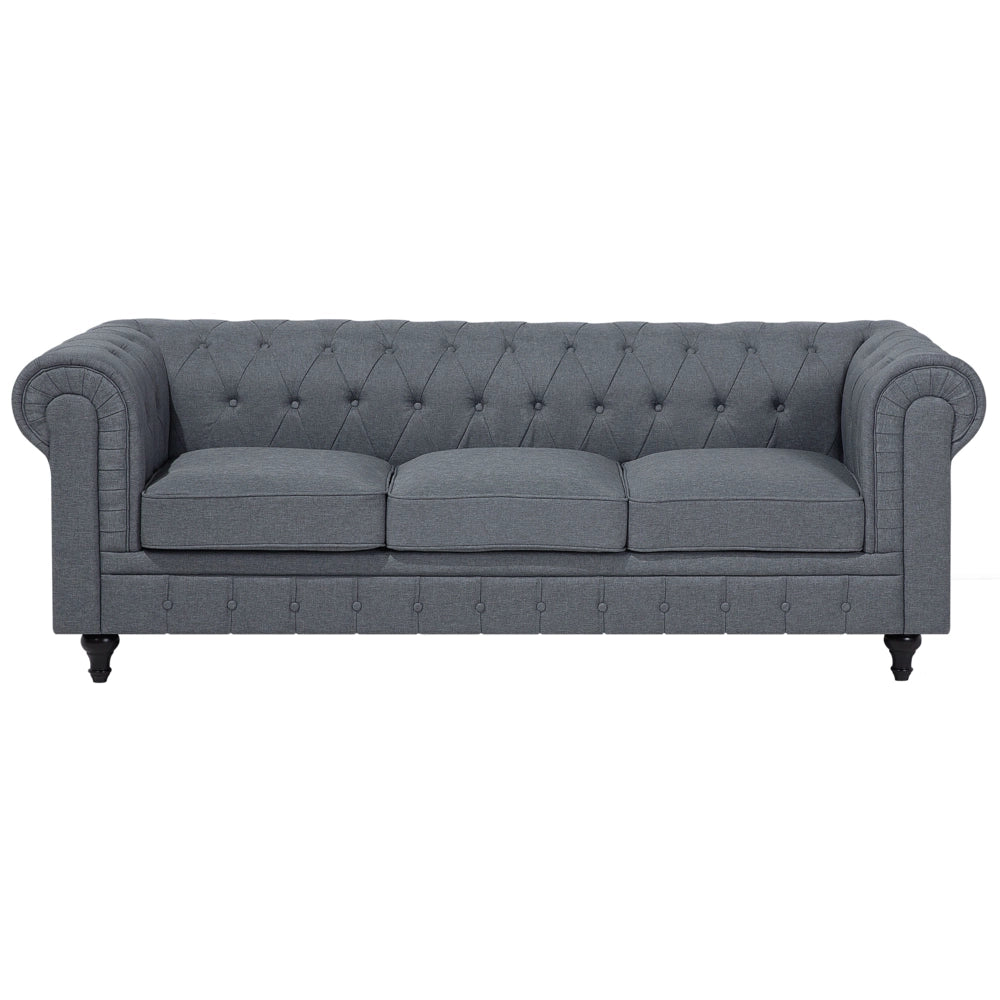 Chesterfield Divano ad angolo in tessuto versione destra Rivestimento in tessuto grigio Gambe in legno scuro Chaise 6 posti contemporanea