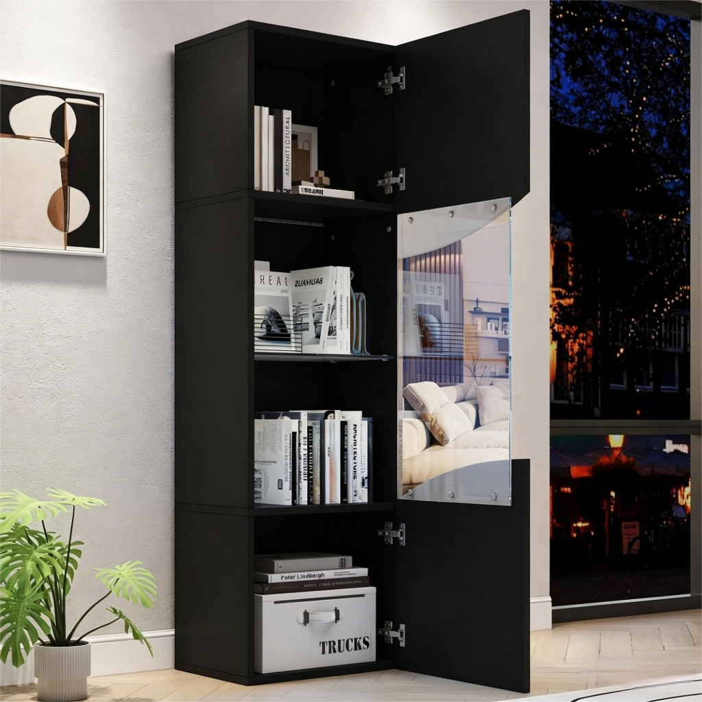 Vetrina alta e stretta 35 x 50 x 165 cm, finitura nero lucido, con LED e ante in vetro temperato