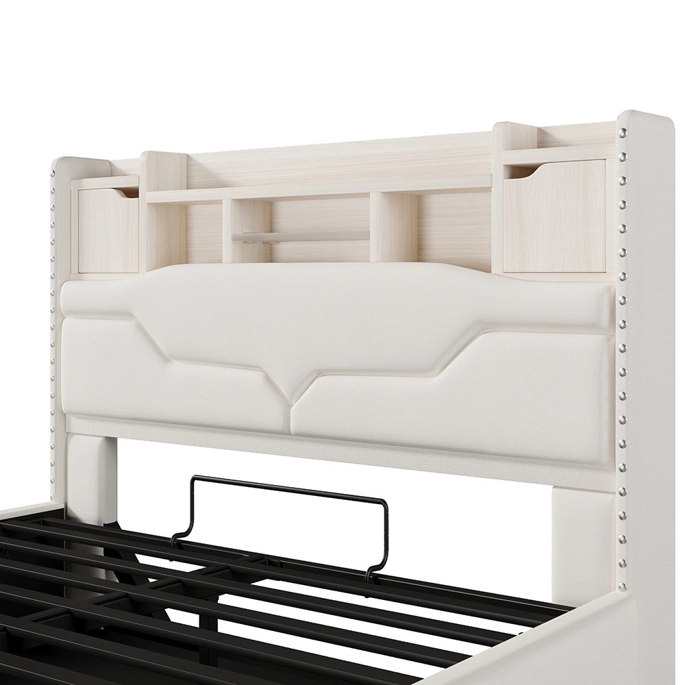 Letto matrimoniale-Xylo-140x200 cm-USB-C, LED RGB, idraulico, beige