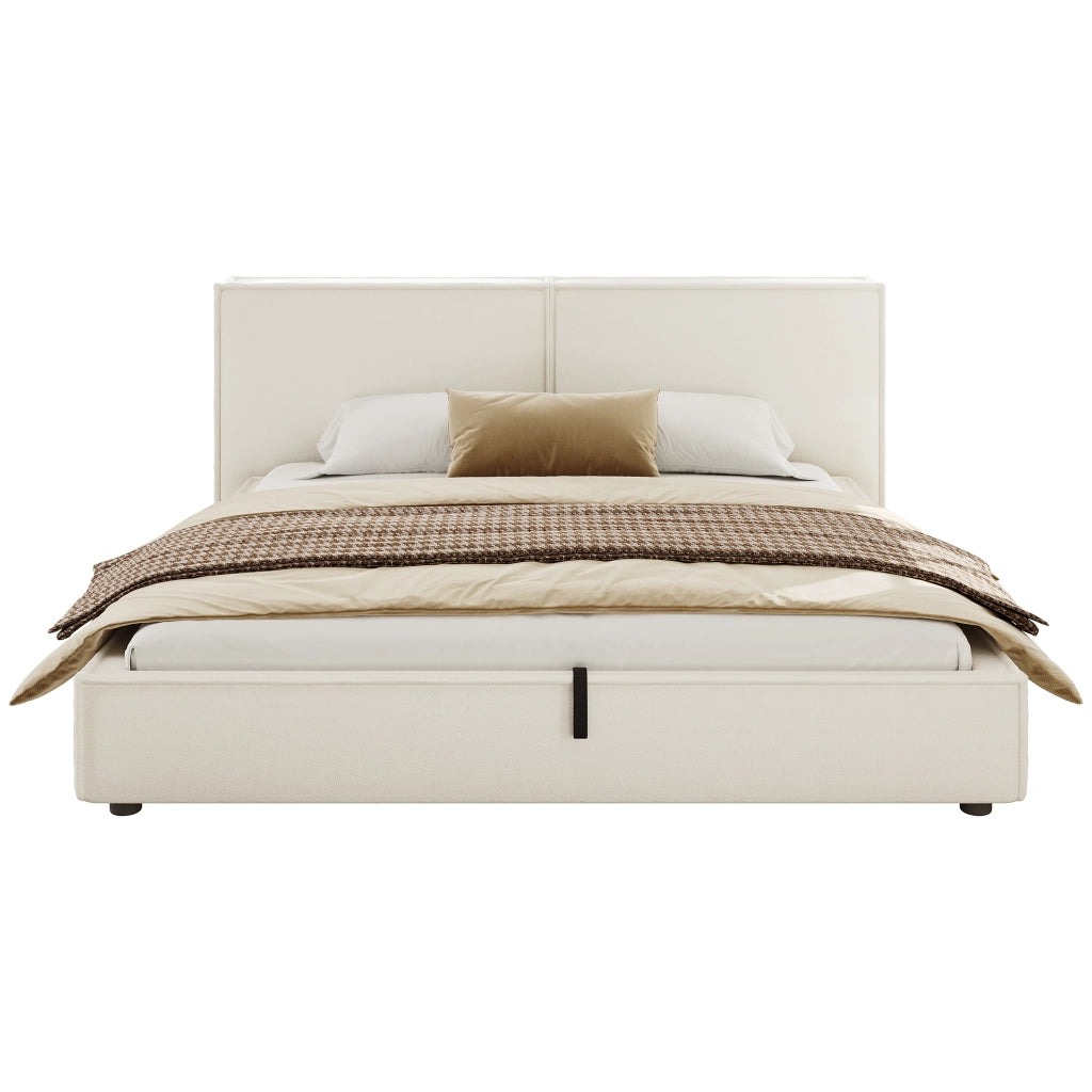 Letto matrimoniale 180x200 cm in Bouclé bianco con contenitore idraulico, rete a doghe e testiera imbottita