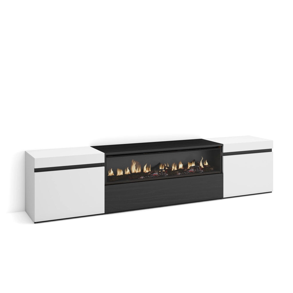 Mobile TV, 200x35x45cm, soggiorno, Per TV fino a 80", Camino elettrico, Bianco e nero RF2205
