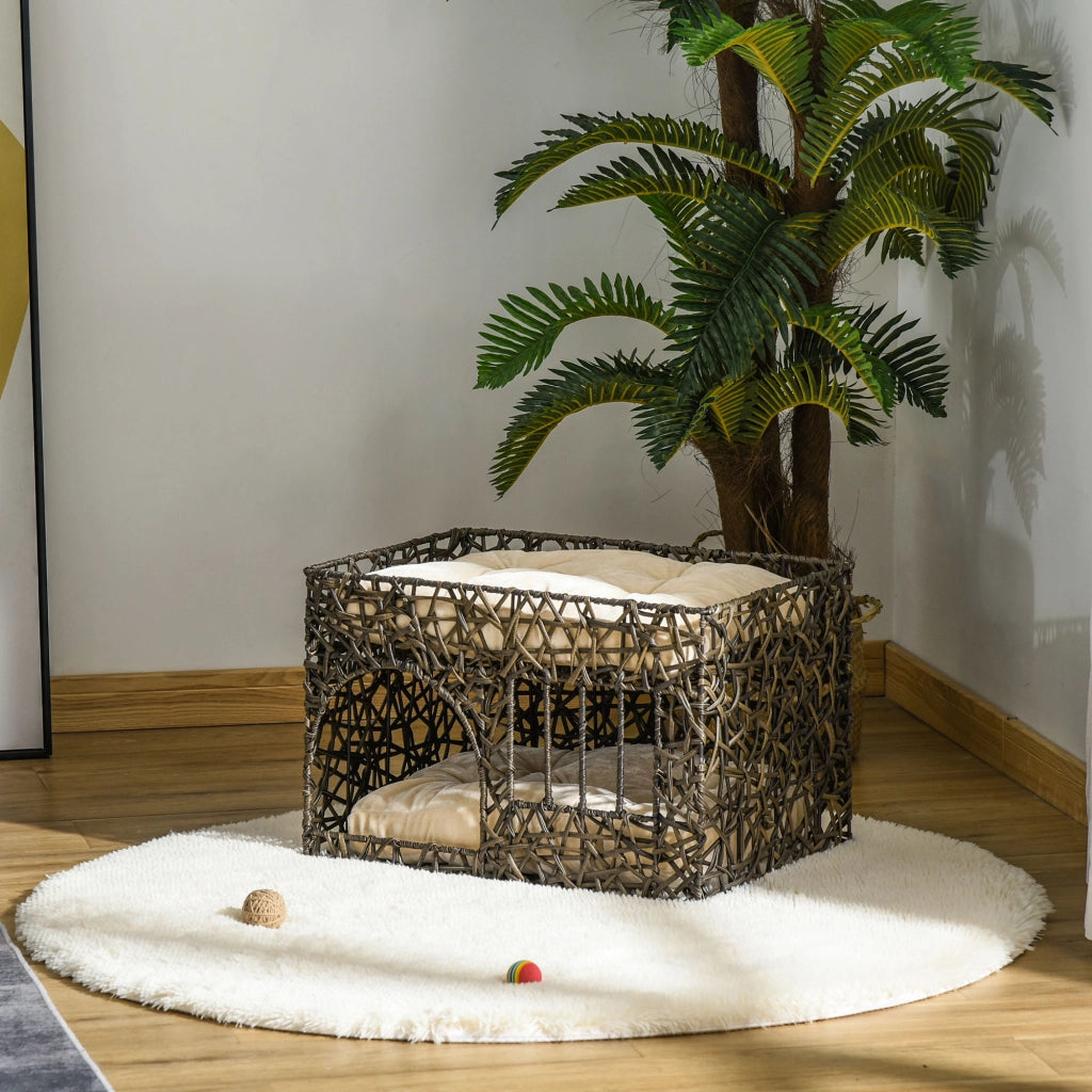 Cuccia per Gatti a 2 Piani ¨C Xylo ¨C Rattan con Cuscini Marrone Scuro 56x41x45cm