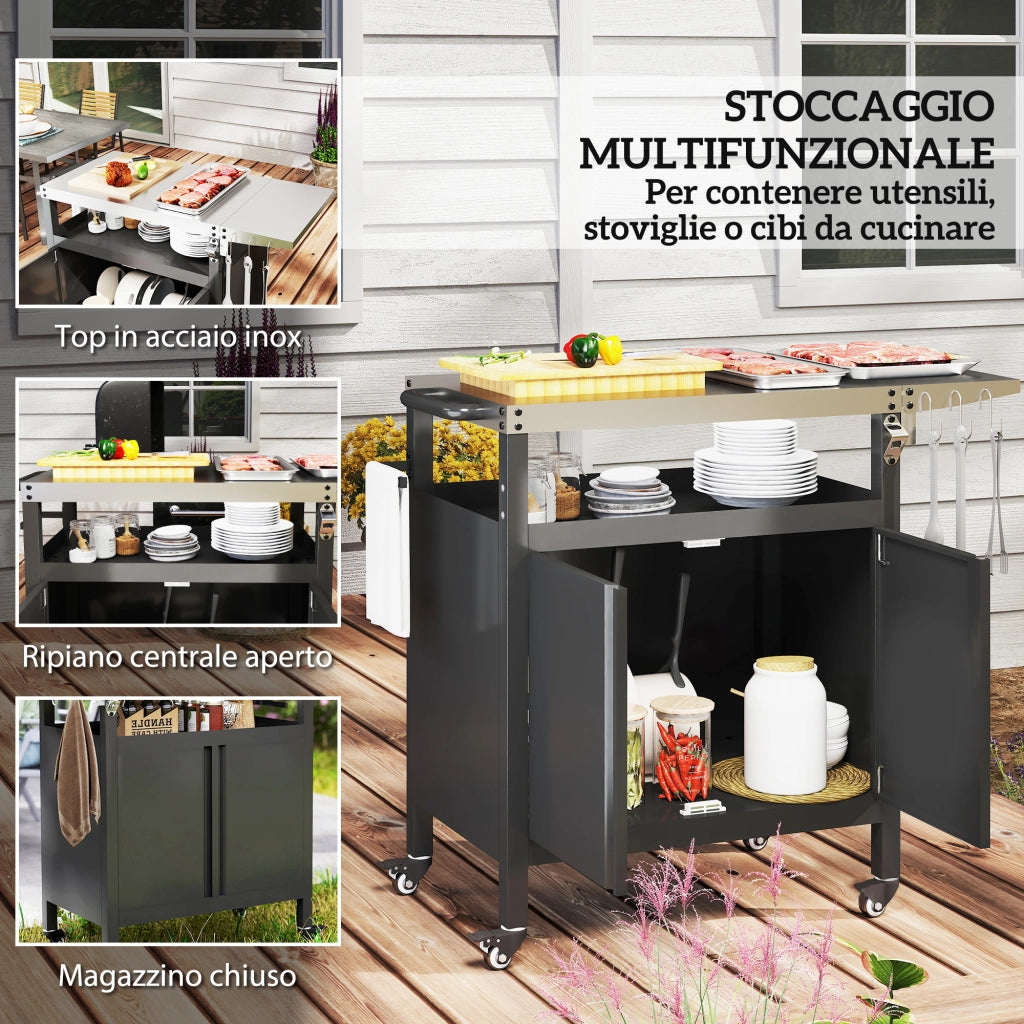 Carrello Barbecue con Armadietto e Tavolino ¨C zephmum ¨C Nero Acciaio Inox 116x50x93 cm