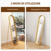 Specchio da Terra Moderno con Telaio in Metallo Autoportante o da Parete, 40x150 cm, Oro