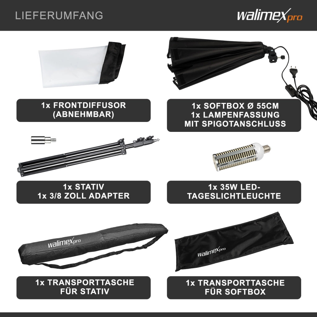 set Softbox ottagonale 55 cm con LED 35 W incl. stativo per luci FT-8051 fino a 260 cm, luce diurna 5000 K, per studio foto set fotografico