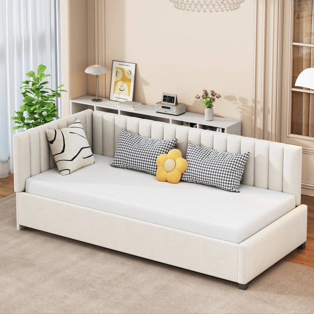 OKWISH Letto Divano 1 Posto, Schienale Reversibile, Testiera Imbottita e Velluto, 90 x 200 cm, senza Materasso, Beige