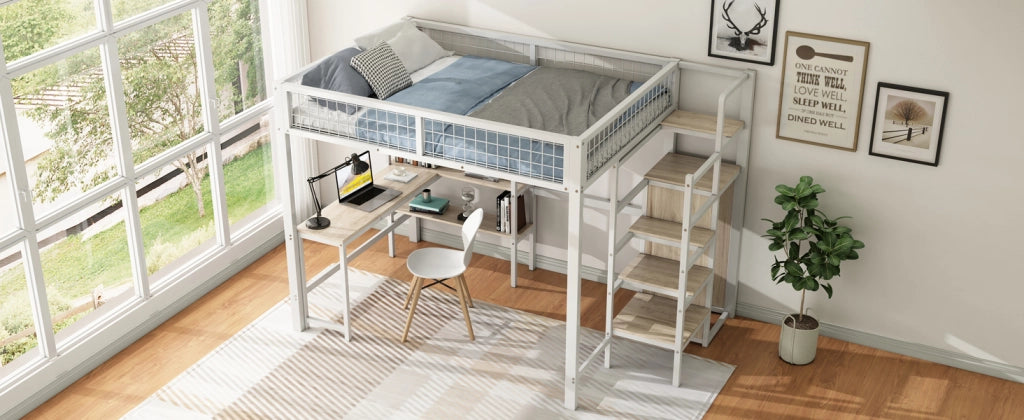 DESMIU Letto soppalco 140 × 200 cm 2 posti con scrivania, scaffali e armadio, senza materasso, in metallo e MDF, bianco