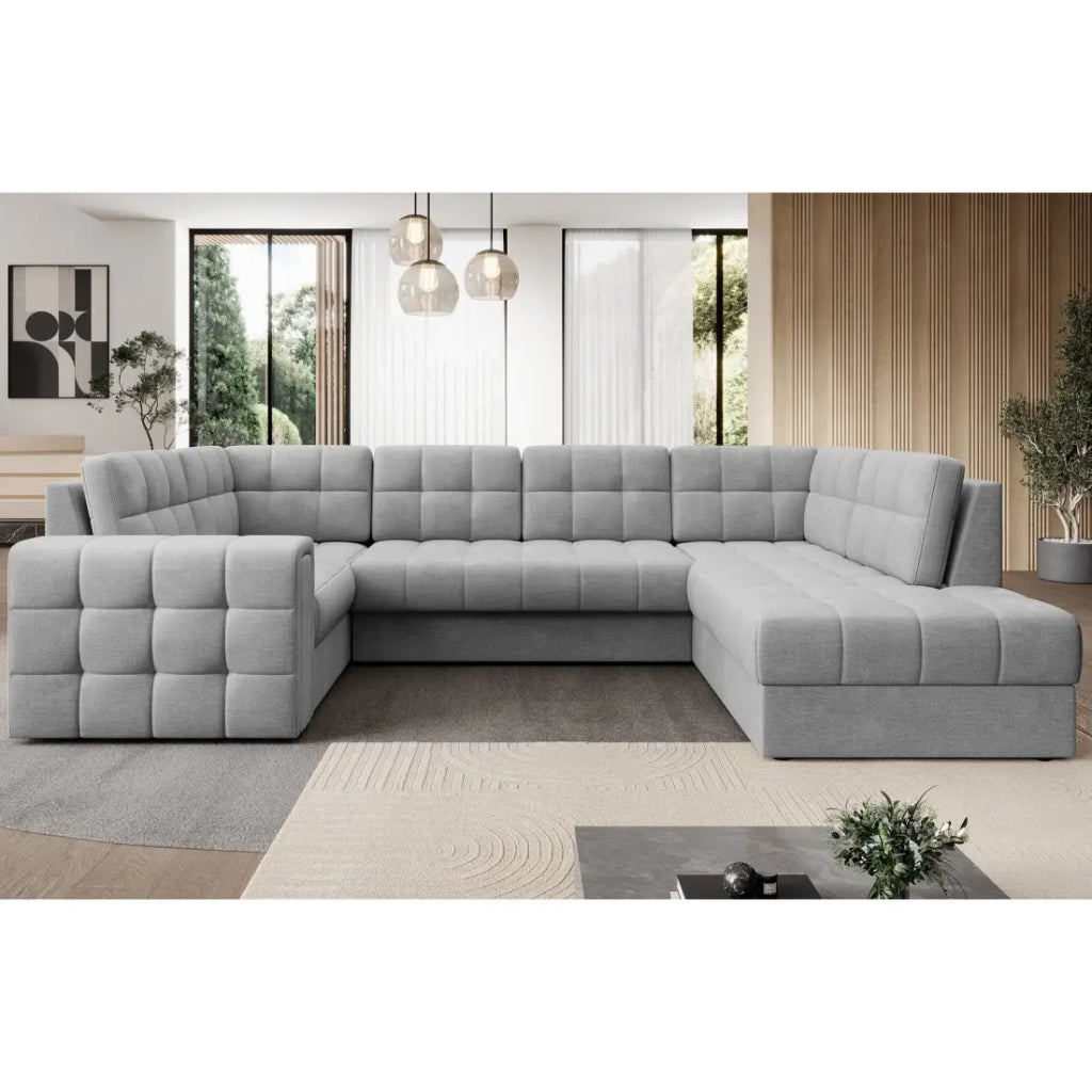 Divano angolare convertibile MONTEZA grigio 299 cm con contenitore e letto