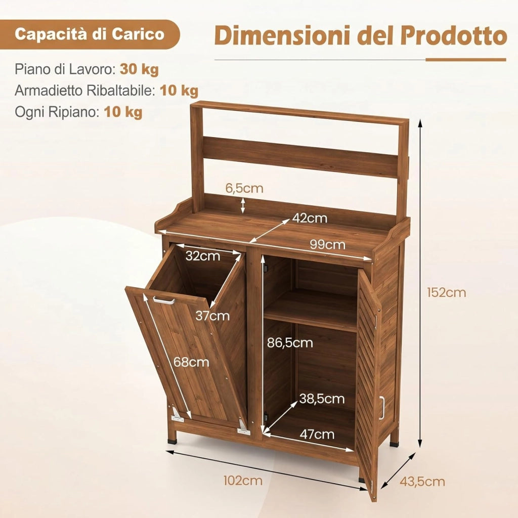 Tavolo da Giardinaggio, Armadietto da Esterno in Legno Massello con Ripostiglio, Ripiani Rimovibili e 2 Ante, Tavolo da Lavoro per Piante da Giardino, Prato e Cortile
